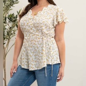 Last New Top Plus Floral Surplice Flutter Sleeve Scallop Waist Tie Peplum Style
